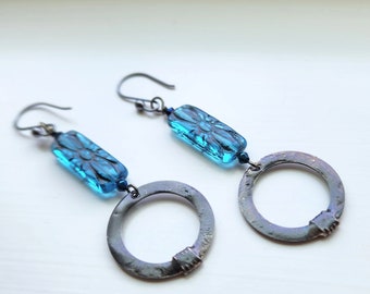 Long Boho Earrings, Stained Glass Earrings for Women, Blue Glass Long Dangles, Guild Jewelry thats Different, Hand Soldered, Gift for Women,