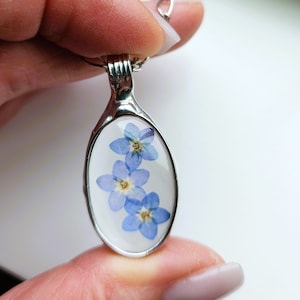 May include: A silver oval pendant necklace with three pressed forget-me-not flowers inside. The flowers are blue with yellow centers.