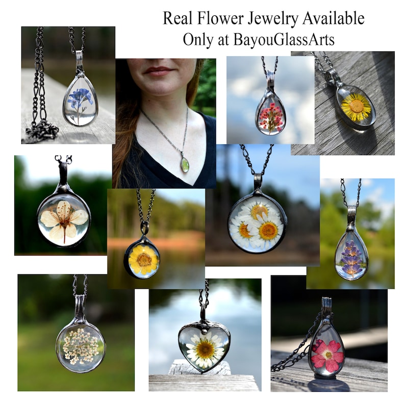 Collage of Real Flower Jewelry Available Only at Bayou Glass Arts and Made in the USA. Images include Queen Annes Lace, Daisy, Sunflower, Lavender, Aster, Heather, Green Moss, Forget Me Nots, Wild Plum.