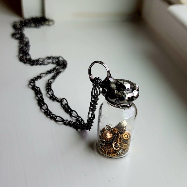 Vintage Bottle Necklace, Unisex Steampunk Jewelry, Vintage Watch Parts, Fidget Pendant Necklace, Antique Look, Birthday Gift, Gift for Guys,