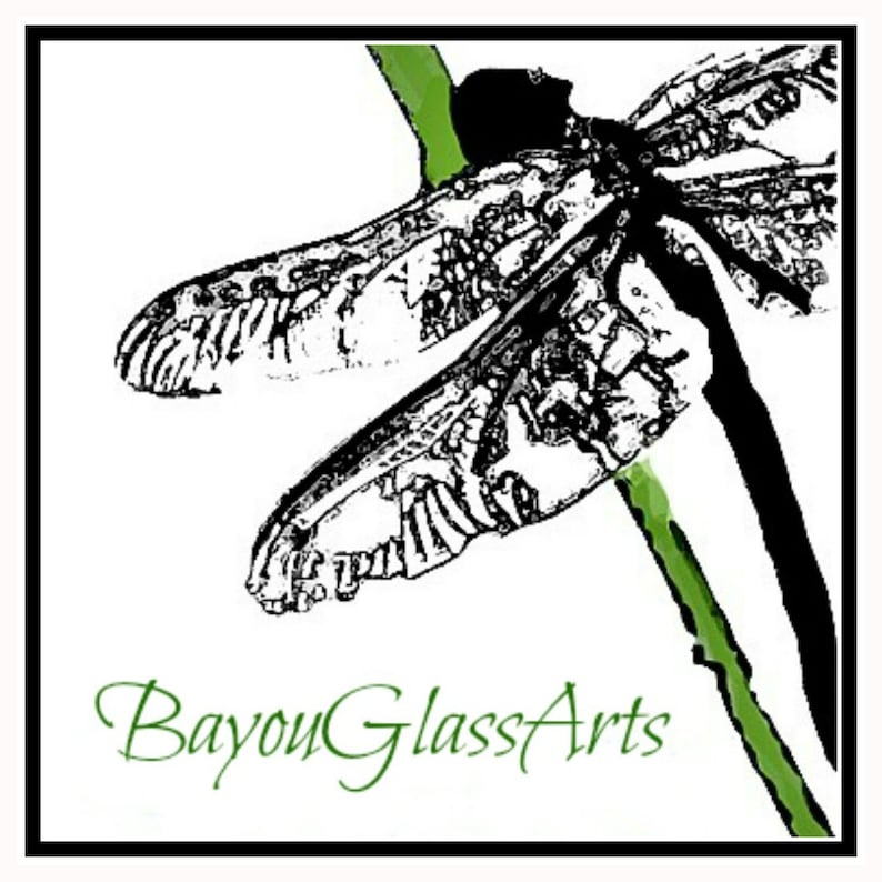 May include: Black and white dragonfly illustration with green accents on a white background. The dragonfly is detailed with intricate wing patterns. The text "Bayou GlassArts" is written in green script at the bottom of the image.