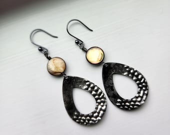 Black and Gold Earrings for Women, Teardrop Hoops with Gold Shell Bead Earrings, Boho Jewelry, Gift for Her,