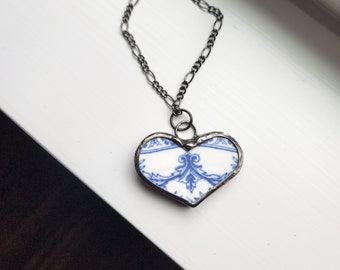 Handmade China Pendant, Delft China Heart Necklace for Women, Recycled Broken Plate, Shattered Memories, Keepsake Accessory, Gift for Mom,