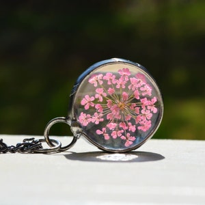 Pink Wildflower Necklace for Women, Real Queen Anne's Lace Pendant, Pressed Flower Jewelry, Valentine's Day Gift for Girlfriend, Wife, Mom, image 1
