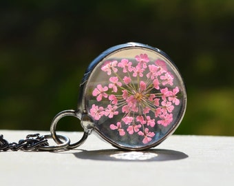 Pink Wildflower Necklace for Women, Real Queen Anne's Lace Pendant, Pressed Flower Jewelry, Valentine's Day Gift for Girlfriend, Wife, Mom,