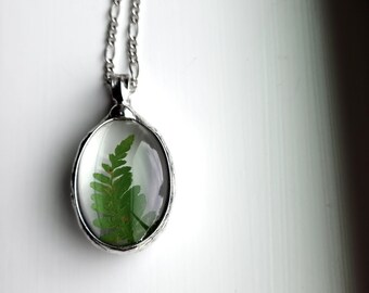 Handmade Fern Pendant, Natural Green Necklace, Real Pressed Flower Jewelry, Woodcore, Artisan Crafted Gifts for Wife, Girlfriend, Sister,