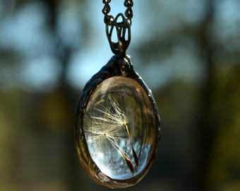 Real Dandelion Necklace, Wish Jewelry, Glass Terrarium Pendant, Silver or Gunmetal Finish