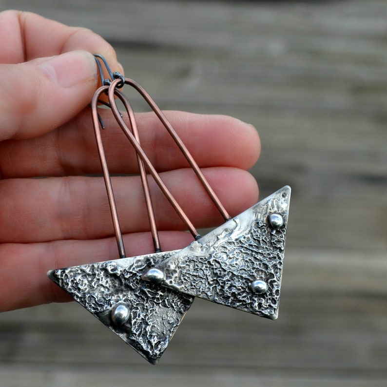 Handmade Mixed Metal Copper Earrings Long Boho Earrings for Women Oxidized Sterling Silver Ear Wires Statement Dangle Earrings 2806
