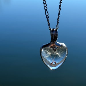 Handmade Dandelion Seed Heart Necklace Created by Artisans at Bayou Glass Arts. Shown with 2 seeds crossed inside Heart shaped Glass Cabochons. Best gift for Her Girlfriend Mom sister BFF Christmas Birthday Valentines Mothers Day