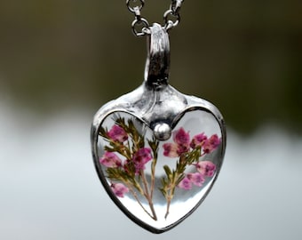 Real Dried Heather Flower Heart Necklace, Quality Glass, Not Resin Jewelry, Pink Pendant