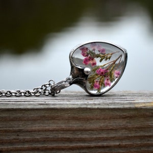 Pink Heart Necklace for Women, Real Heather Flower Jewelry, Gift for Wife, Gift for Girlfriend, Gift for Mom, Handmade Necklaces for Her