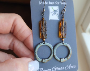 Handmade Boho Beaded Earrings, Amber Glass Floral Bead, Great Movement, Long Dangle Earrings, Sterling Silver Ear Wires, Gift for Girlfriend