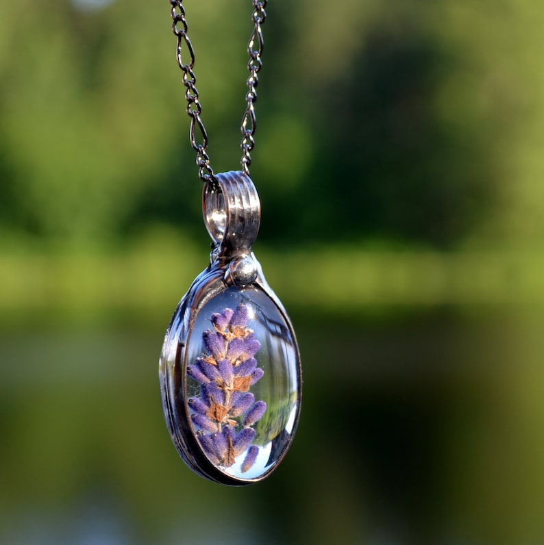 Dry Pressed Lavender Oval Pendant with fully adjustable figaro chain Handmade by Artisans at Bayou Glass Arts in USA. Best gift for her, Mom, wife, teacher, bff, girlfriend, Christmas, birthday, anniversary, Valentines, Mothers Day