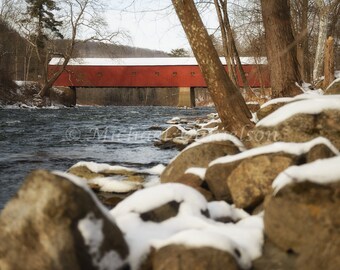Cornwall Connecticut Red Covered Bridge in Winter Photograph Print 8x10