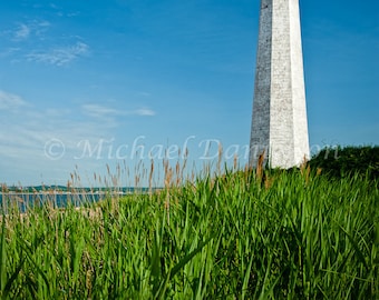 May include: A tall, white lighthouse with a black top stands against a bright blue sky. Lush green grass and reeds fill the foreground, with a glimpse of the ocean in the distance. The lighthouse is made of white bricks.