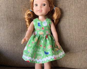 Christmas Ornaments on Green Dress Handmade To Fit 14.5 Inch Dolls Like Wellie Wishers