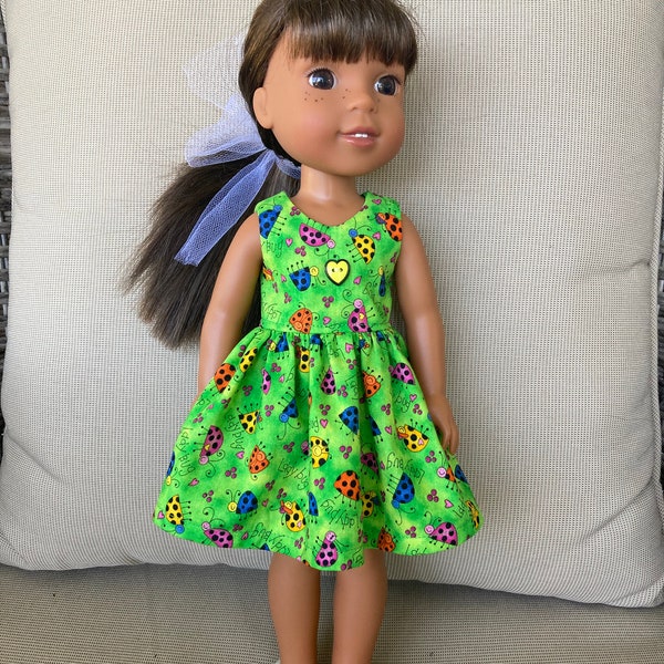 Ladybugs on Bright Green Doll Dress Handmade To Fit 14.5 Inch Dolls Like Wellie Wishers