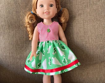 Christmas Trees on Green Dress Handmade To Fit 14.5 Inch Dolls Like Wellie Wishers