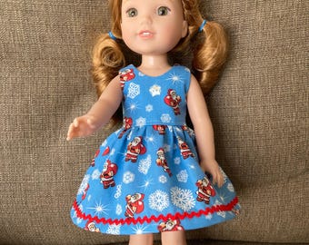 Santa and Snowflakes on Blue Dress Handmade To Fit 14.5 Inch Dolls Like Wellie Wishers