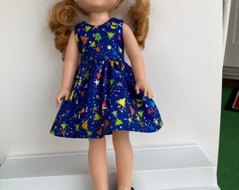 Tree, Ornament, Star Toss in Navy Blue Dress Handmade To Fit 14.5 Inch Dolls Like Wellie Wishers