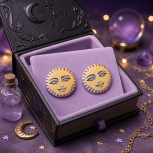 Hand Covered Moon Face Button Earrings • Celestial Fabric Statement Jewelry (1.5-inch)