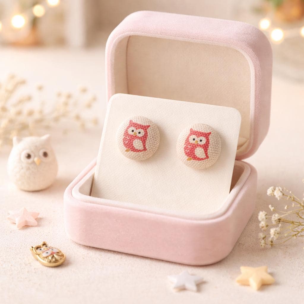 Cute Owl Button Stud Earrings &bull; Handmade Fabric Covered Earrings &bull; Kawaii Owl Jewelry &bul