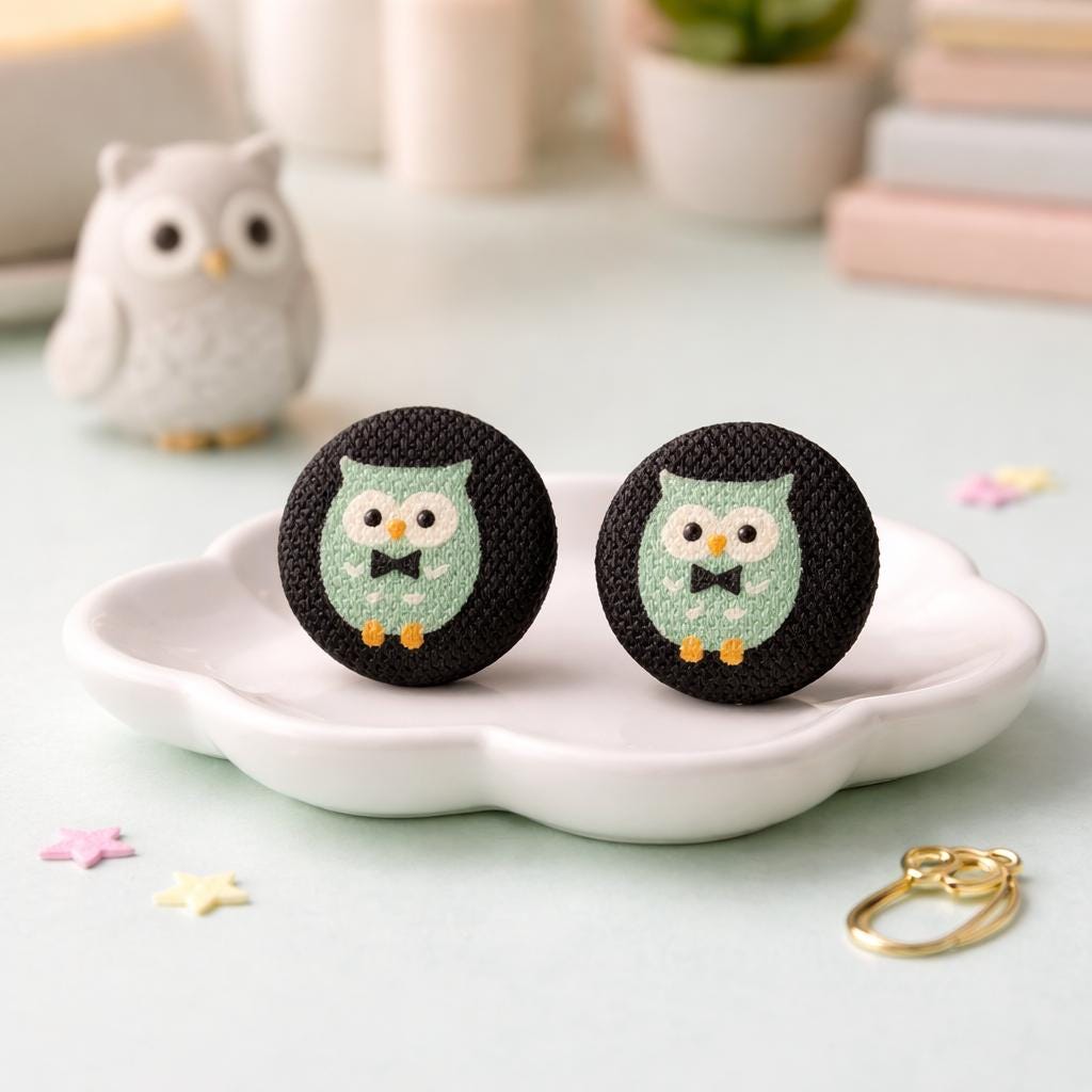 Cute Owl Button Stud Earrings &bull; Handmade Fabric Covered Studs &bull; Kawaii Owl Earrings &bull;