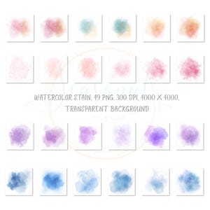 Könnte beinhalten: Eine Sammlung von Aquarellflecken in verschiedenen Farben, darunter Rosa, Orange, Blau und Lila, angeordnet auf weißem Hintergrund. Das Bild enthält den Text "Watercolor Stain, 49 PNG, 300 DPI, 4000 x 4000, Transparent Background."