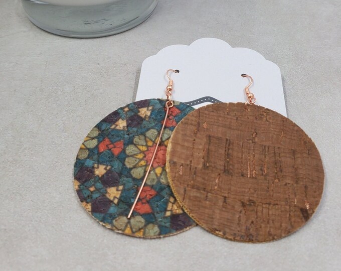 Large Boho Floral Cork Earrings, Rose Gold Bar Charm