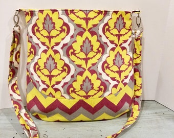 Maroon Mustard White Damask and Chevron Fabric, Crossbody Bag, Large Crossbody Tote, Womens Purse, Shoulder Bag, Tote Bag, Messenger Bag