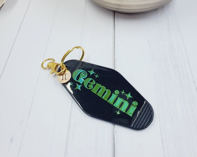 Zodiac Sign Motel Keychain, Retro Acrylic Key Ring, Gold Charm