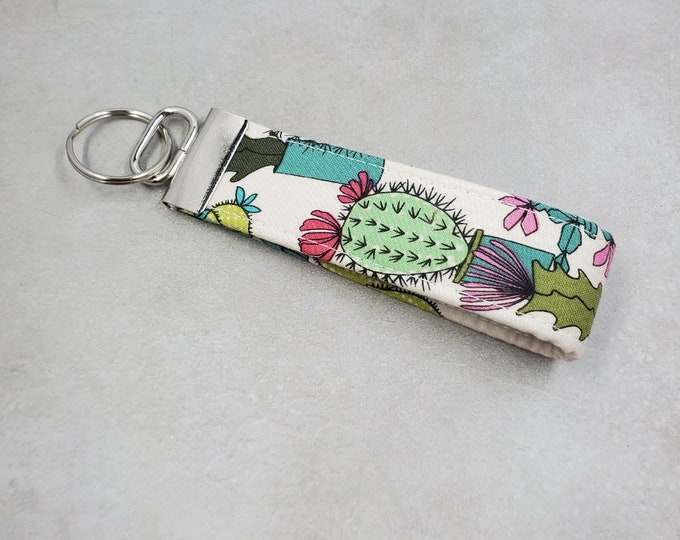 Cactus Print Fabric Wristlet Key Fob, Cotton Keychain