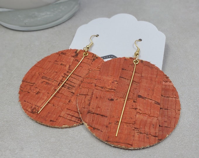 Boho Floral Cork Earrings with Gold Bar, Large Round Lightweight Earrings