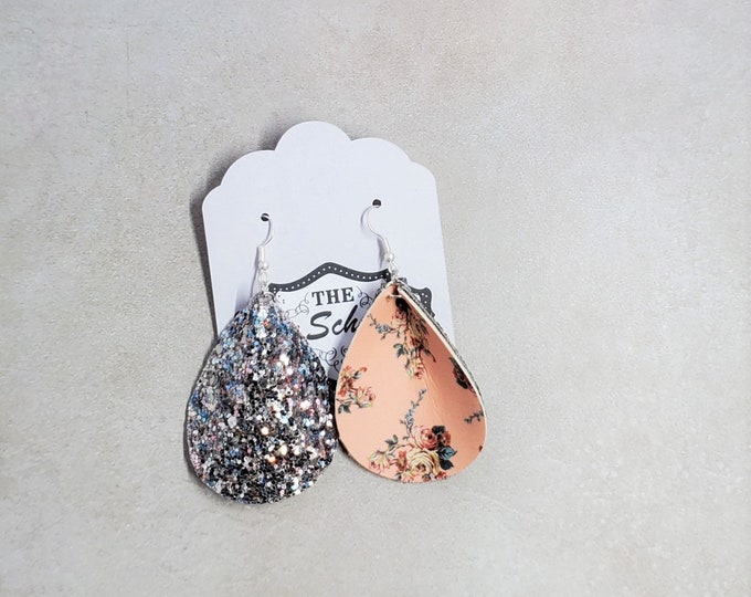 Floral Faux Leather Glitter Drop Earrings, Lightweight Double Sided