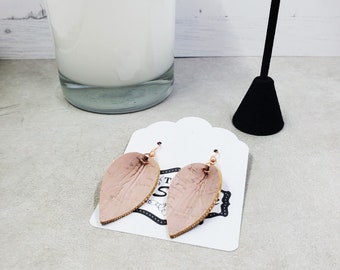 Handcut Mauve Cork Leaf Earrings, Rose Gold Hardware