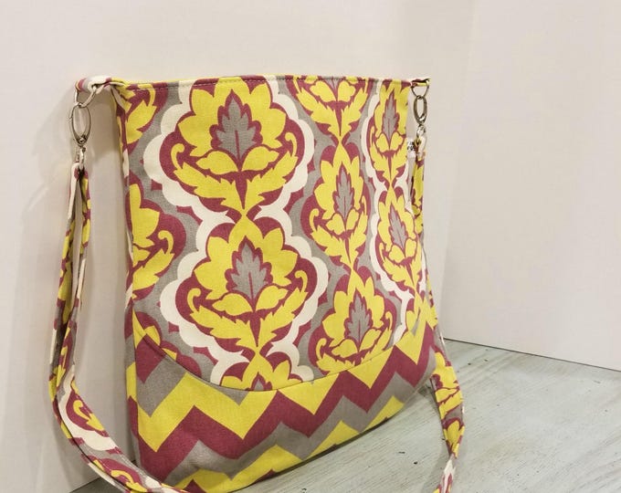 Maroon Mustard White Damask and Chevron Fabric, Crossbody Bag, Large Crossbody Tote, Womens Purse, Shoulder Bag, Tote Bag, Messenger Bag