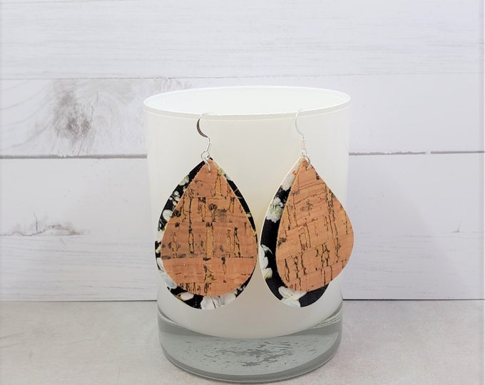 Floral Faux Leather and Cork Teardrop Earrings