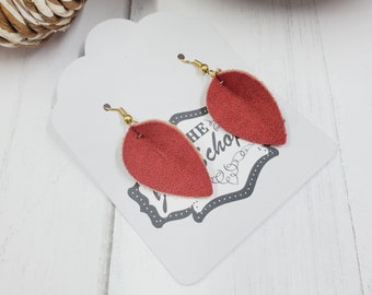 Small Red Suede & Natural Cork Leaf Earrings, Folded Faux Suede and Cork Earrings, Leaf Earrings, Folded Earring, Light Weight Earrings