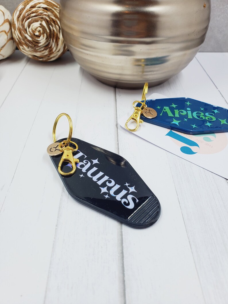 Zodiac Sign Retro Style Motel Key Chain, Gold Charm, Motel Keychain, Fun Acrylic Key Chain, Personalized Gift, Bridal or Bachelor Party image 4