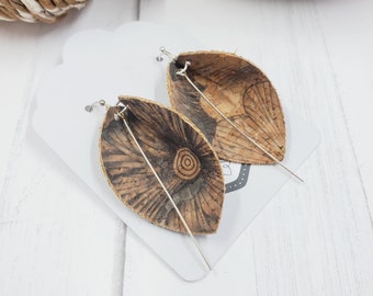 Handcut Cork Fabric Leaf Earrings, Silver Bar, Lightweight Statement Jewelry