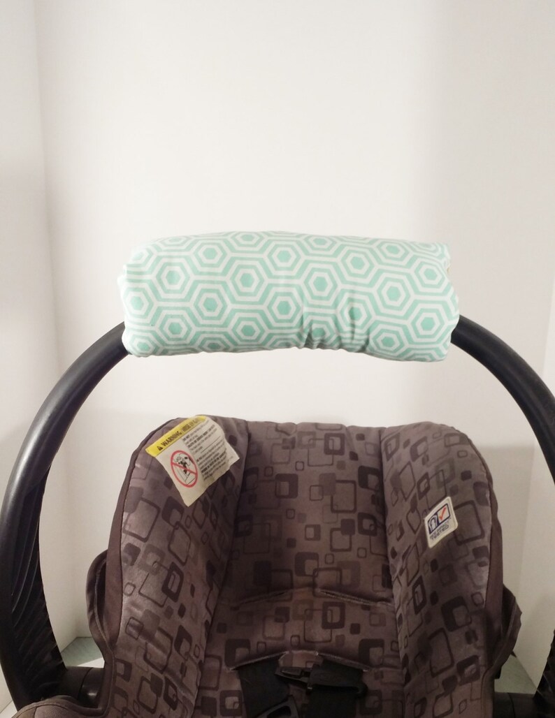 Infant Car Seat Handle Cushion Arm Pad Cover Wrap Reversible Turquoisse White Deco And Mustard Polka Dots