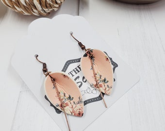 Small Pink Floral/Gold Faux Leather Folded Leaf Earrings w/Bronze Bar Charm, Leaf Earrings, Folded Earring, Light Weight Earrings