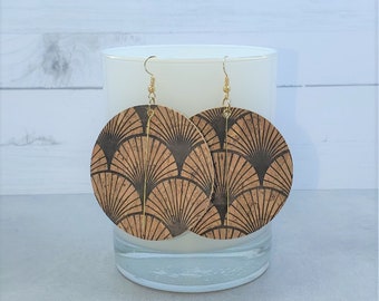 Large Boho Floral Cork with Bar Earrings, Floral Cork Round Earrings, Earring, Light Weight Earrings, Double Sided Floral Cork Fabric