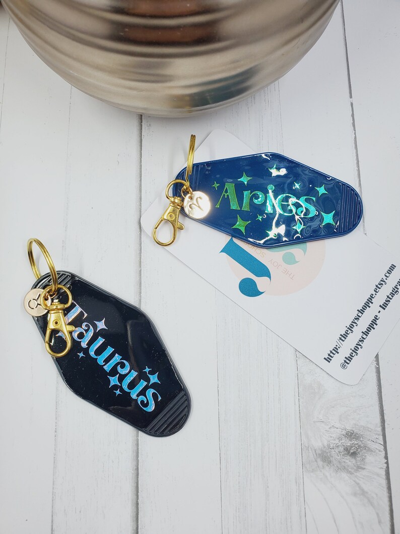 Zodiac Sign Retro Style Motel Key Chain, Gold Charm, Motel Keychain, Fun Acrylic Key Chain, Personalized Gift, Bridal or Bachelor Party image 3