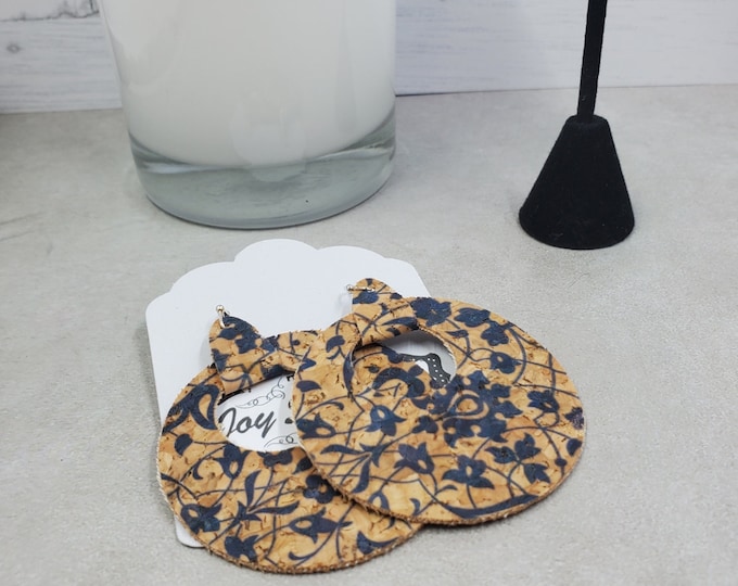 Blue Floral Cork Statement Earrings, Lightweight Round Dangles