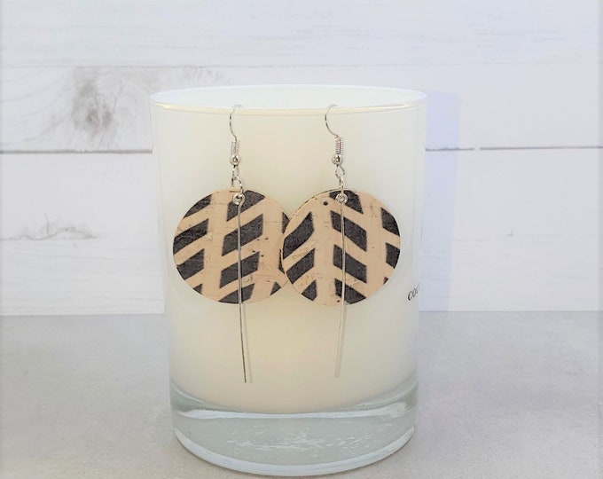 Geometric Cork Round Earrings with Silver Bar