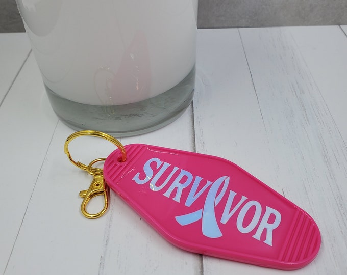Gold Hardware w/Lobster Clasp Retro Style Motel Key Chain, Breast Cancer Survivor Key Ring, Motel Holiday Key Ring, Fun Acrylic Key Chain