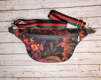 Red Moody Floral Print Cotton Fanny Pack: Handmade Crossbody Sling Bag
