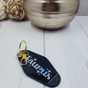 Zodiac Sign Retro Style Motel Key Chain, Gold Charm, Motel Keychain, Fun Acrylic Key Chain, Personalized Gift, Bridal or Bachelor Party image 2