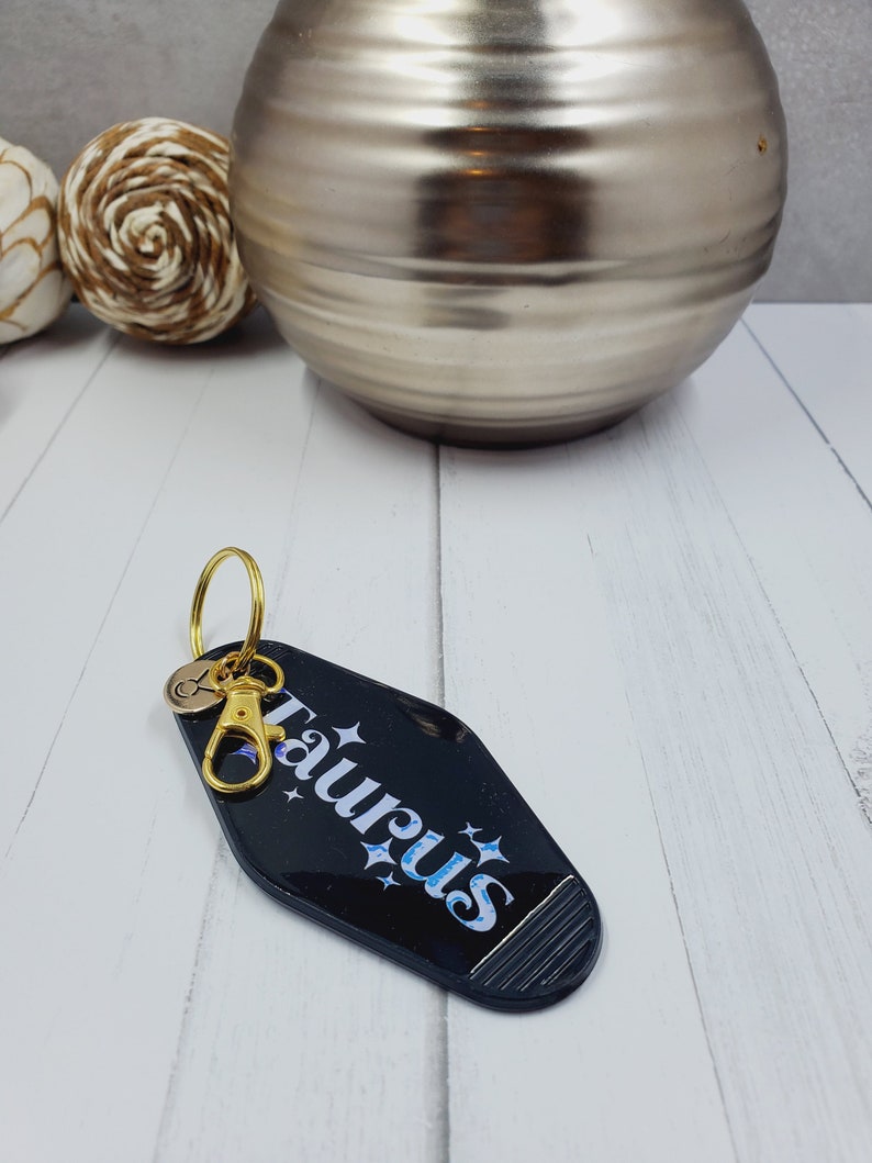 Zodiac Sign Retro Style Motel Key Chain, Gold Charm, Motel Keychain, Fun Acrylic Key Chain, Personalized Gift, Bridal or Bachelor Party image 2